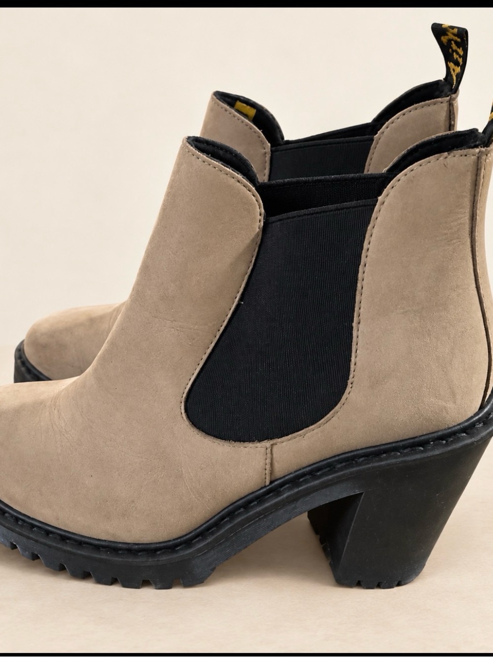 Dr. Martens Taupe Chelsea Lug Heel Booties with Black Elastic